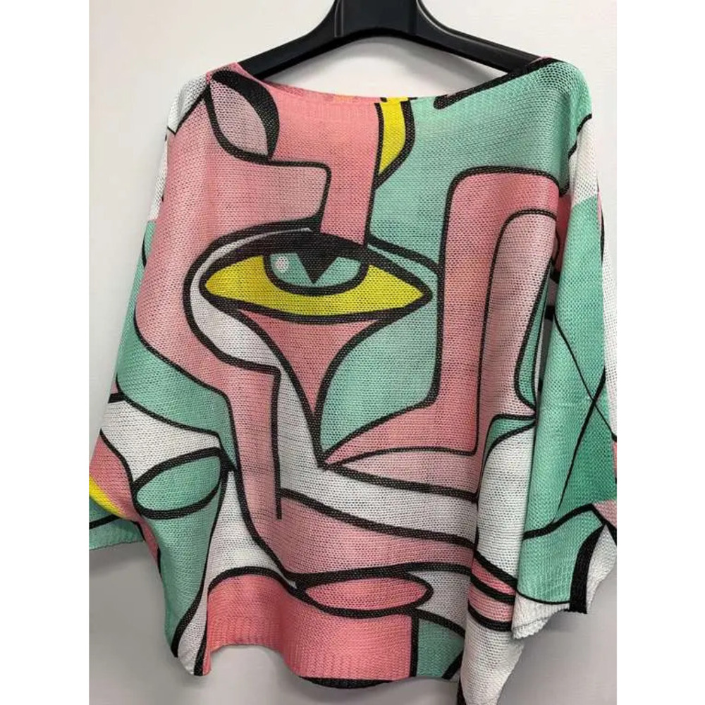 L93 Loowie Pink Green Eye Round Neck Printed Knit Sweater One Size